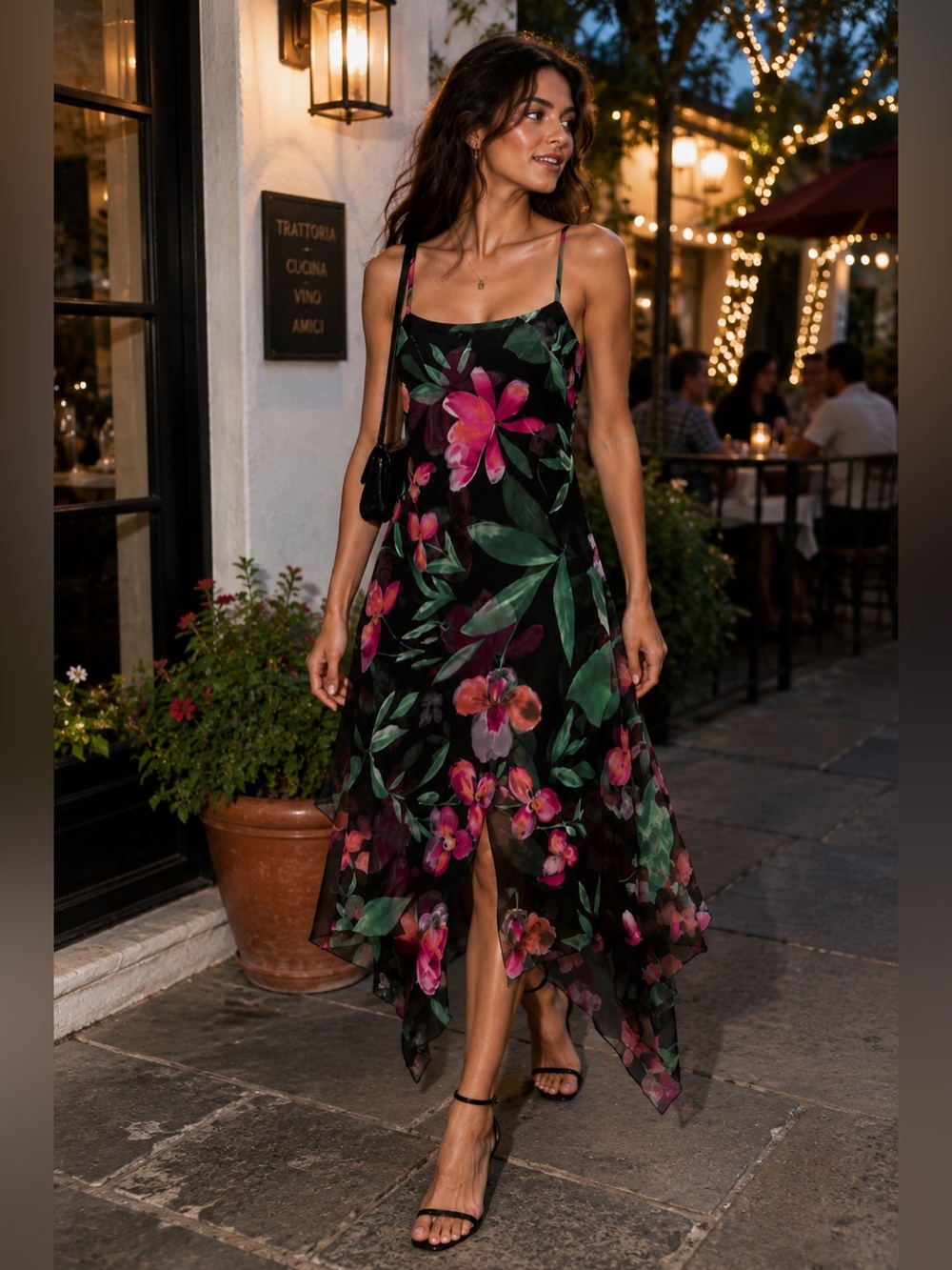 Donna Ricco 100% Silk Floral Slip Dress Black Fuchsia Asymmetrical 4 Y2K Resort